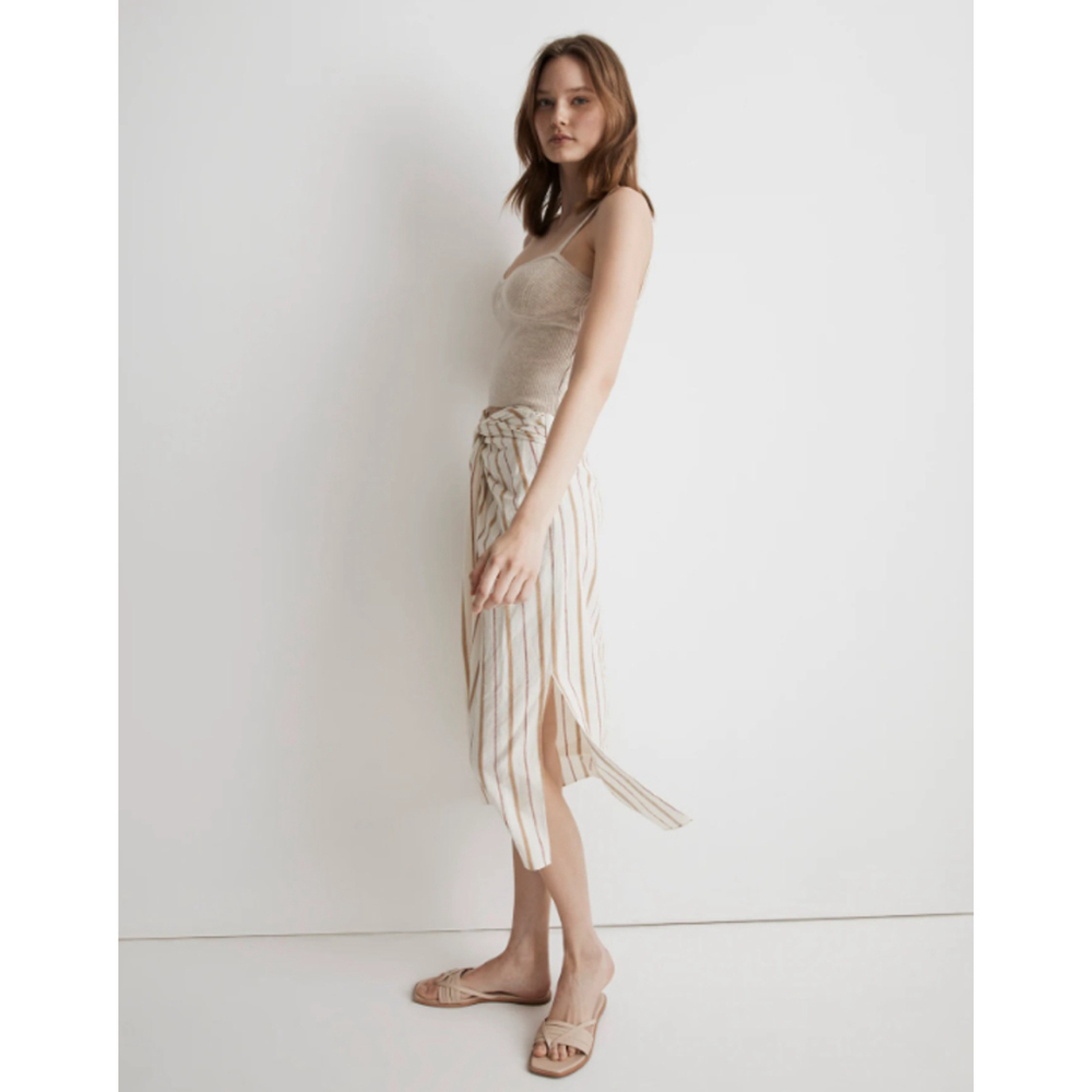 Madewell Twist-Front Sarong Midi Skirt Stripe Womens Cream 2 Side Slit Linen NWT - Picture 2 of 14